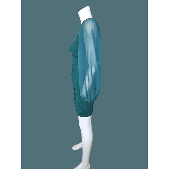 Hello Molly One-Sheer Shoulder Emerald Green Ruched Bodycon Dress - Women 6 - Picture 4 of 8